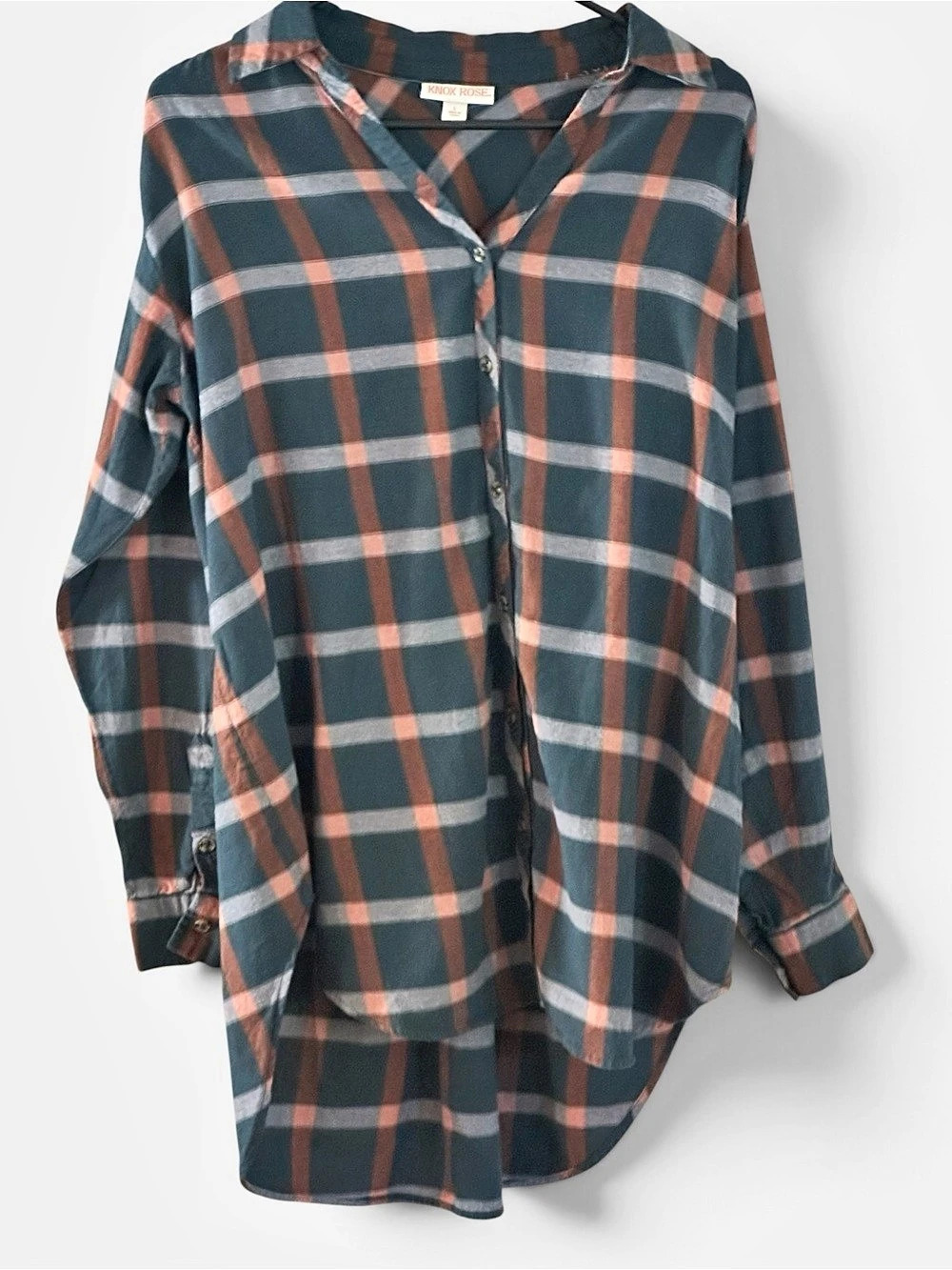 Knox Rose Plaid Long Sleeve Button-Down Tunic Shirt Blue & Pink Large